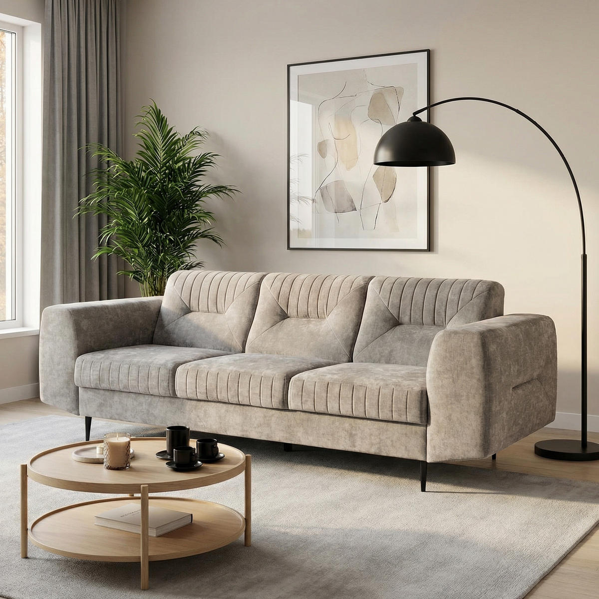 SITZGARNITUR Venezia mit Metallbeinen, beige - Beige/Schwarz, Holzwerkstoff/Metall (233/85/94cm) - Beautysofa