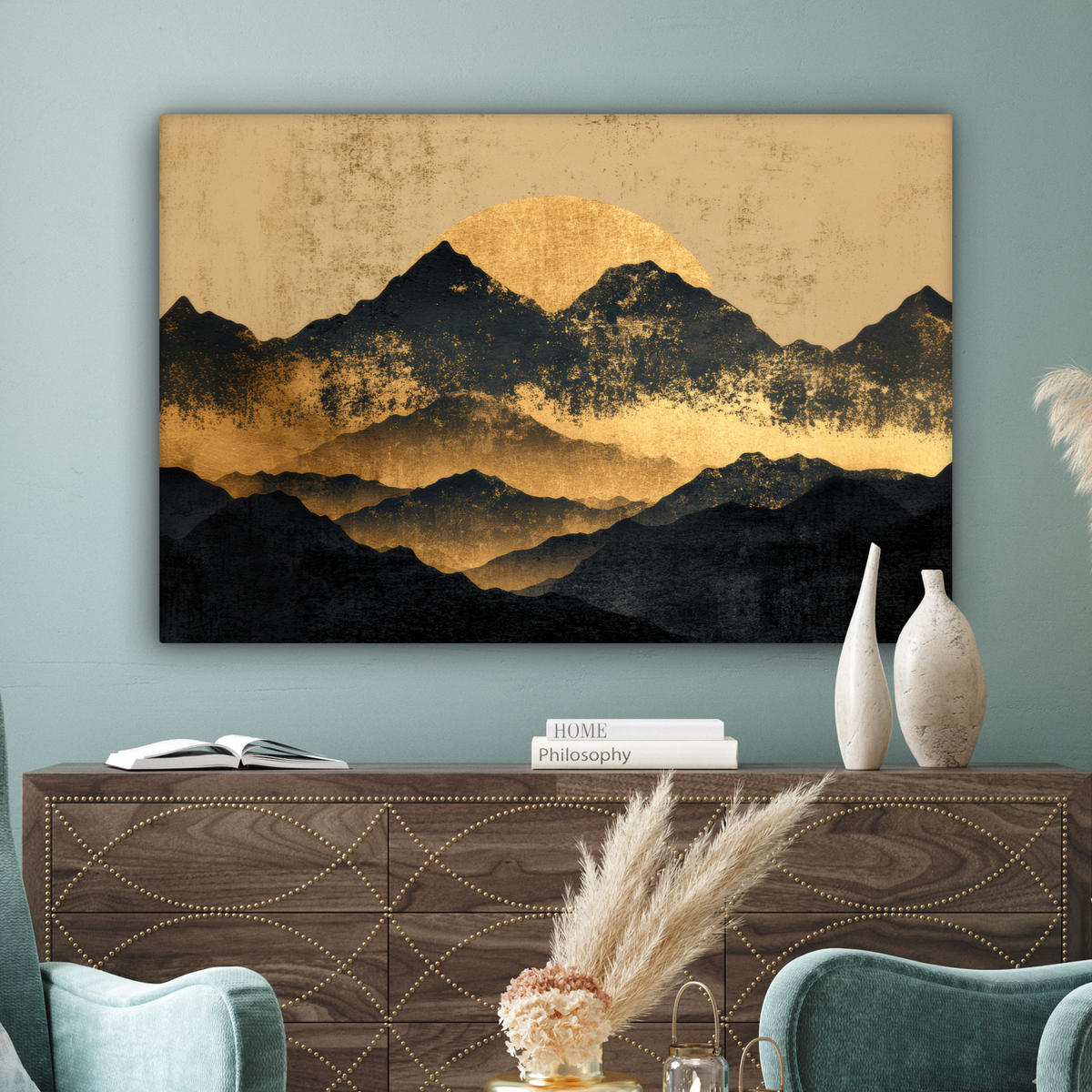LEINWANDBILD Goldene Berge bei Mondschein Groß 140x90 cm - Goldfarben, Textil (140/90cm) - MuchoWow