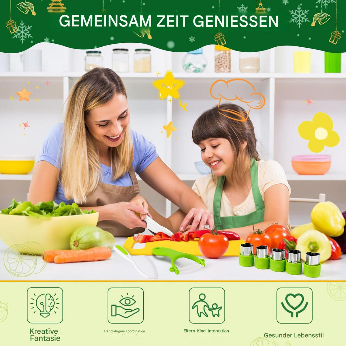 KINDERKÜCHE 28 Teile Montessori, Sicherheitsmesser, Schneidbrett 2-10 Jahre - Pastellgrün, Kunststoff (20/30/5cm) - Authentics