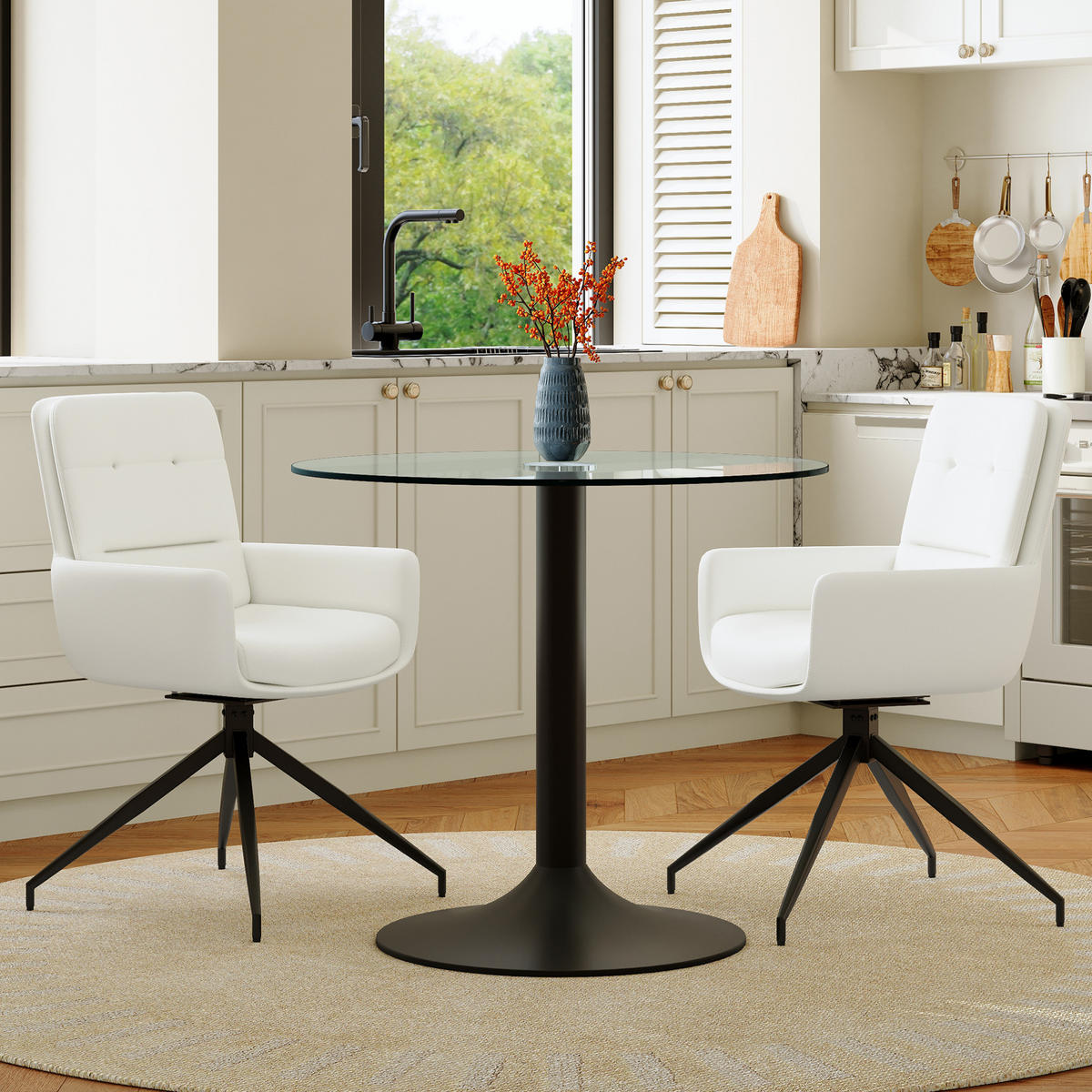 ESSZIMMERTISCH-SET mit 2 Stühlen 85 cm Glas Schwarz/Weiß - Schwarz, Metall (85/76/85cm) - Meubliv