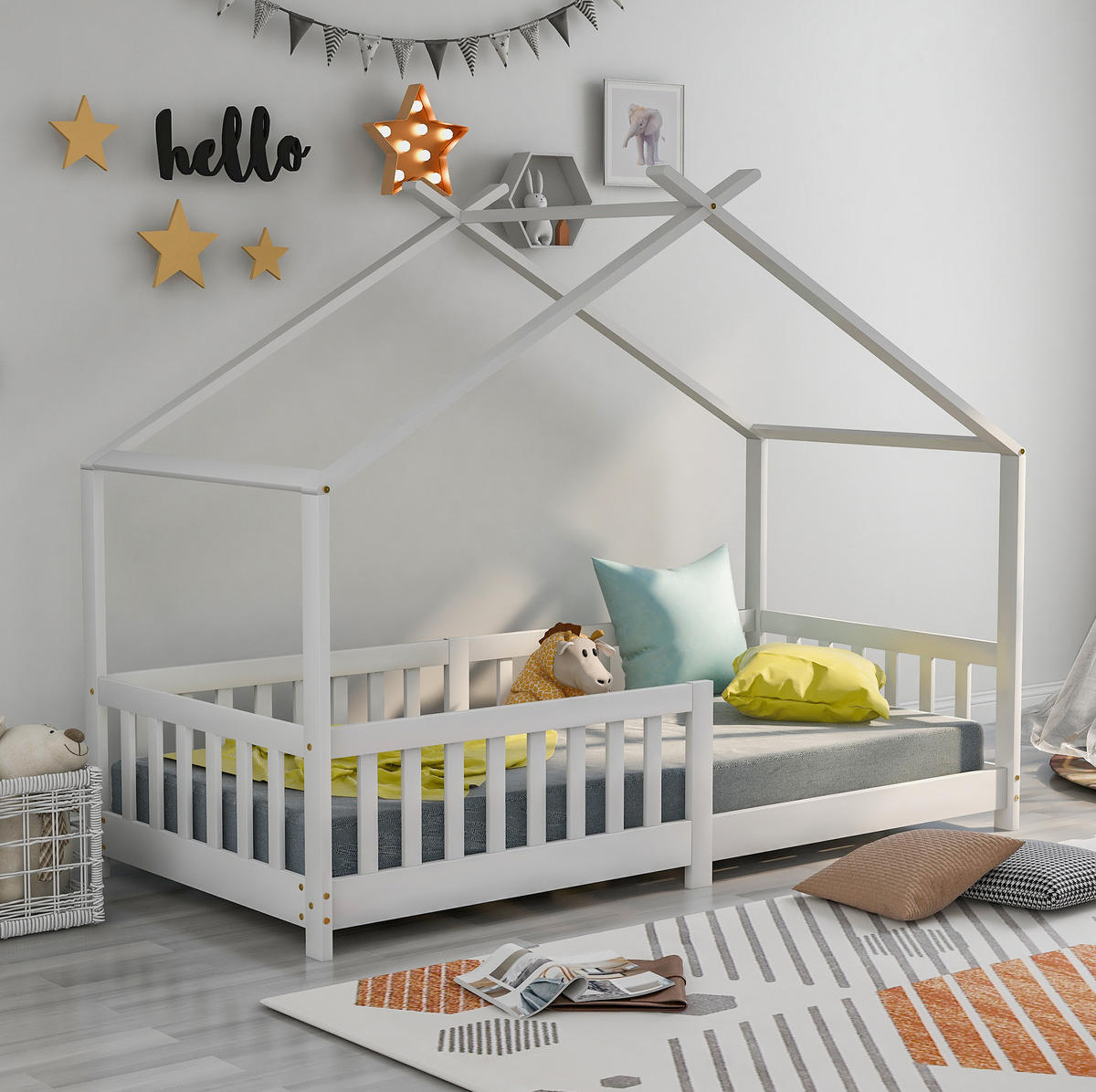 KINDERBETT 90/200 cm weiß aus Kiefernholz mit Schutzzaun - Weiß, Holzwerkstoff (90/200cm) - OKWISH