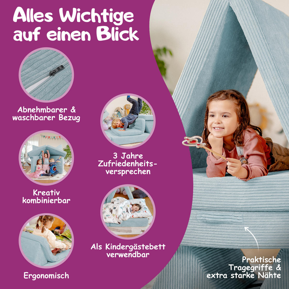 KINDERSOFA Spielparadies - Blau, Textil (66/52/150cm) - Linodino