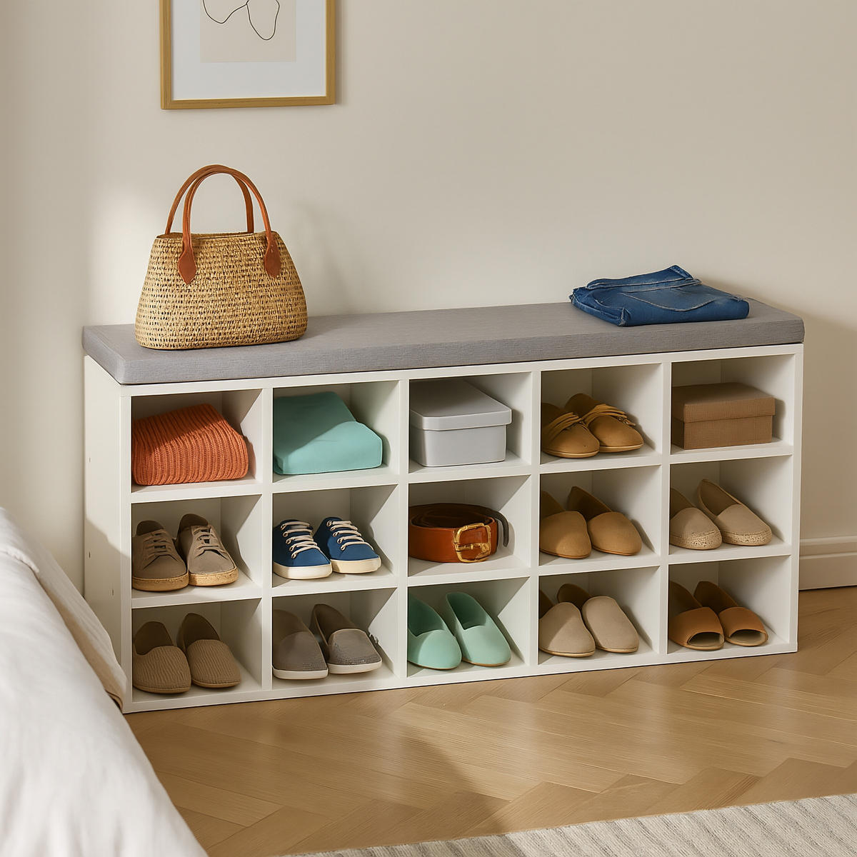 SCHUHBANK - Weiß, Holzwerkstoff/Textil (105/50/30.5cm) - Relaxdays