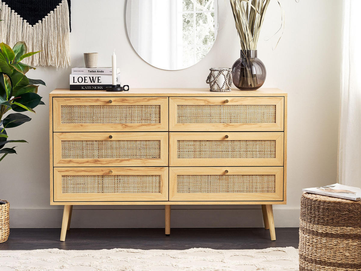 KOMMODE 6 Schubladen Rattan Helles Holz Perote - Hellbraun/Goldfarben, Naturmaterialien (120/75/42cm) - Beliani