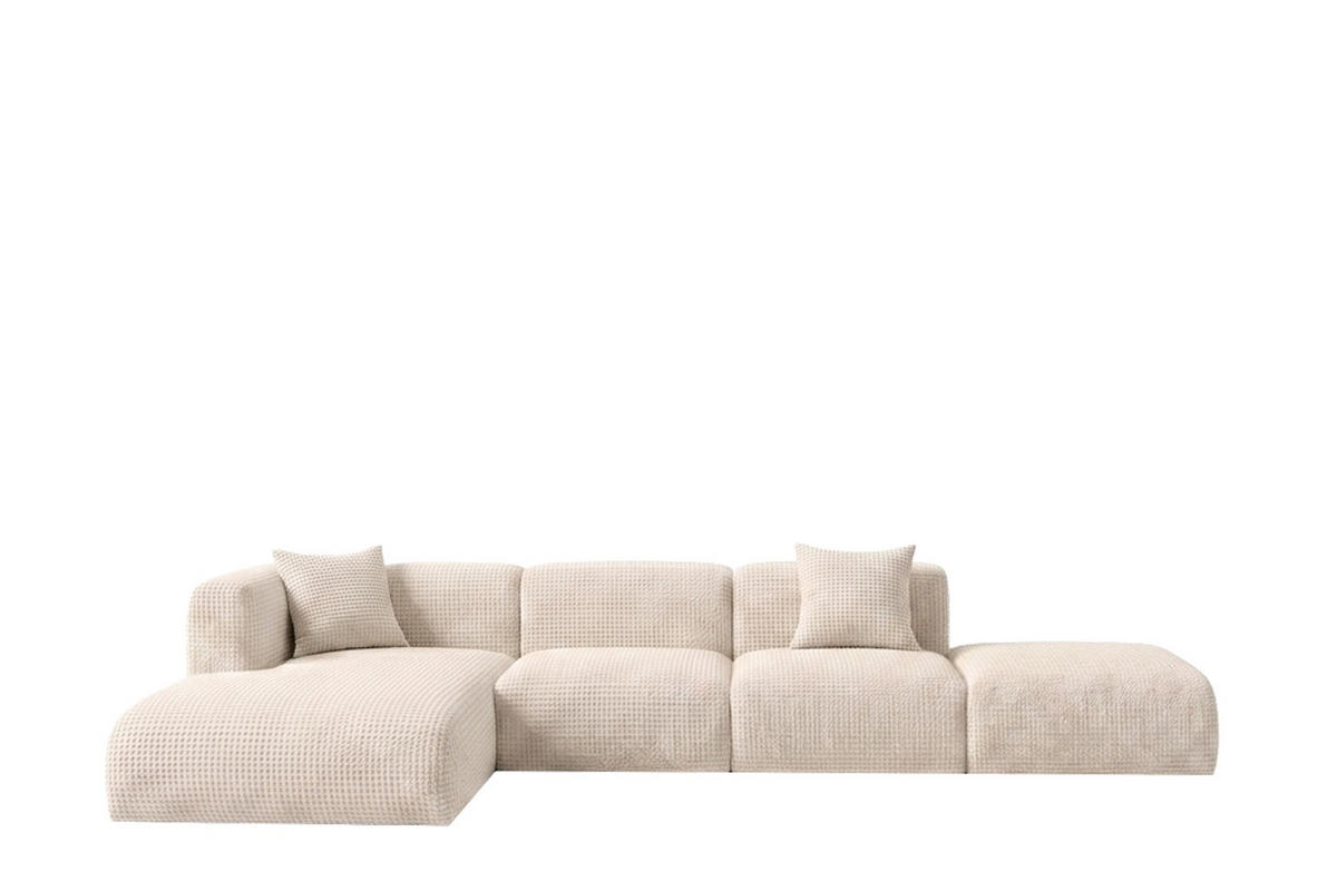 ECKSOFA L-Form mit Hocker, Chenille-Stoff Cremona, Creme, Links, GRETA - Creme, Holz (386/179cm) - Kaiser Möbel