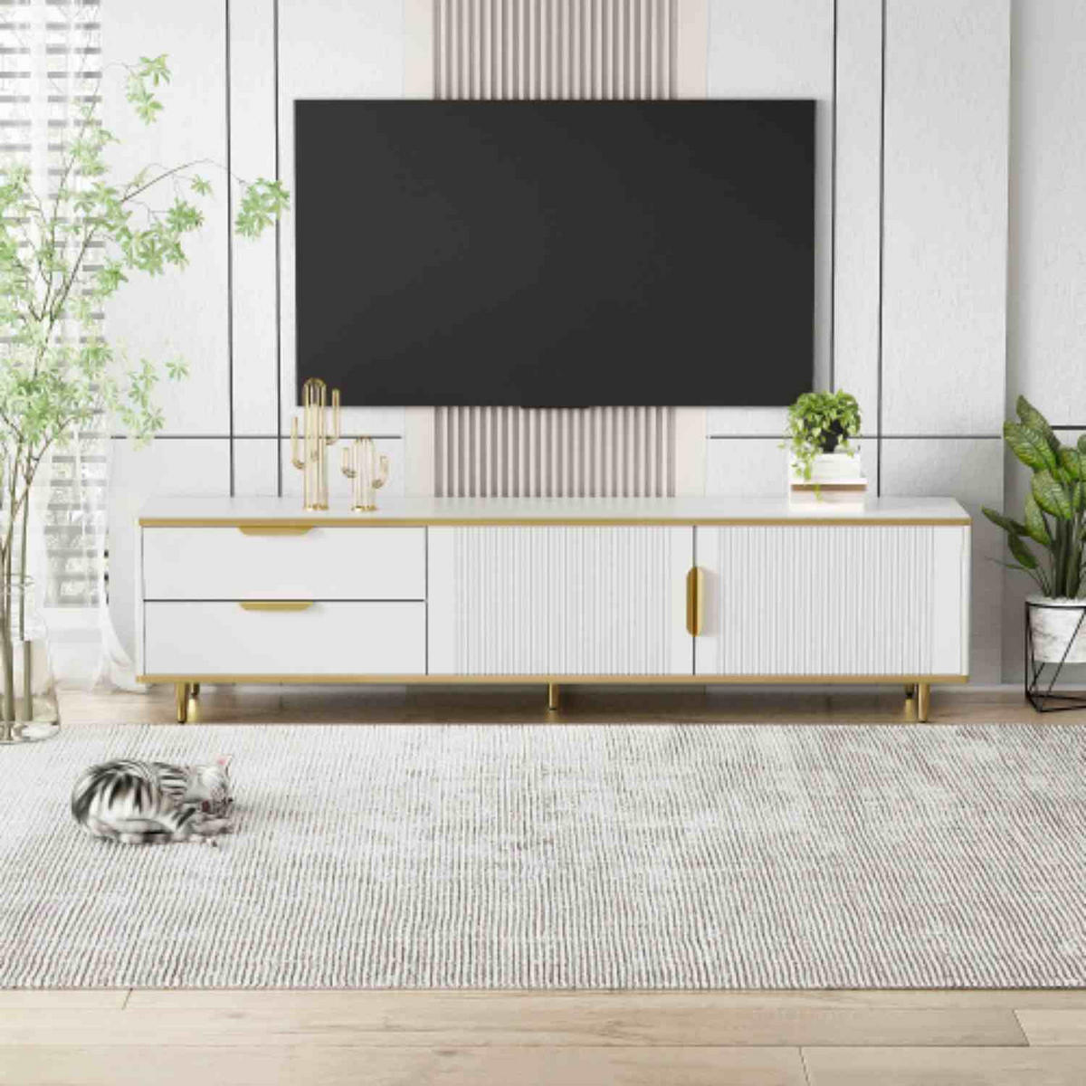TV-SCHRANK in Weiß und Gold mit 2 Schubladen und 2 Türen 170/37/45 cm - Weiß, Holzwerkstoff (170/45/37cm) - Redom