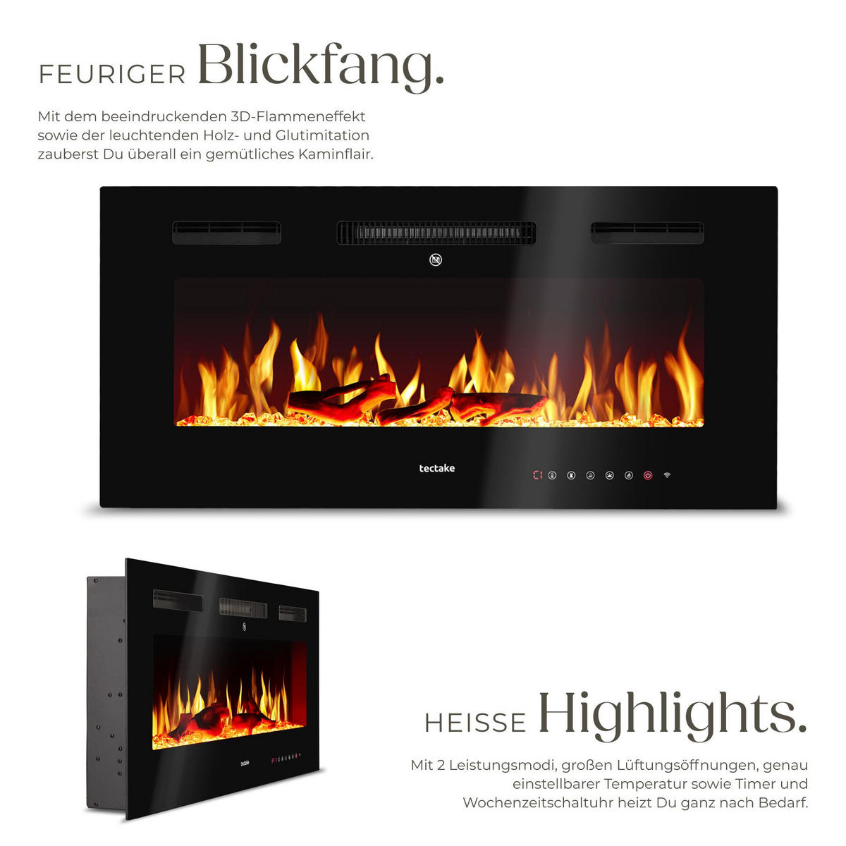 ELEKTRO-WANDKAMIN Luci, mit Fernbedienung und App-Steuerung, integriertes Thermostat, schwarz - Schwarz, Metall (91.5/43/12cm) - tectake