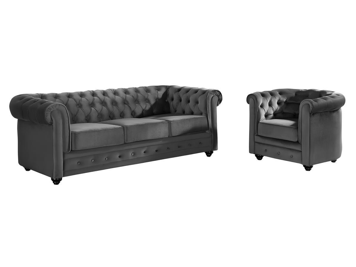 COUCHGARNITUR 3+1 - Samt - Anthrazit - CHESTERFIELD - Anthrazit, Textil (88/72/205cm) - Vente-Unique