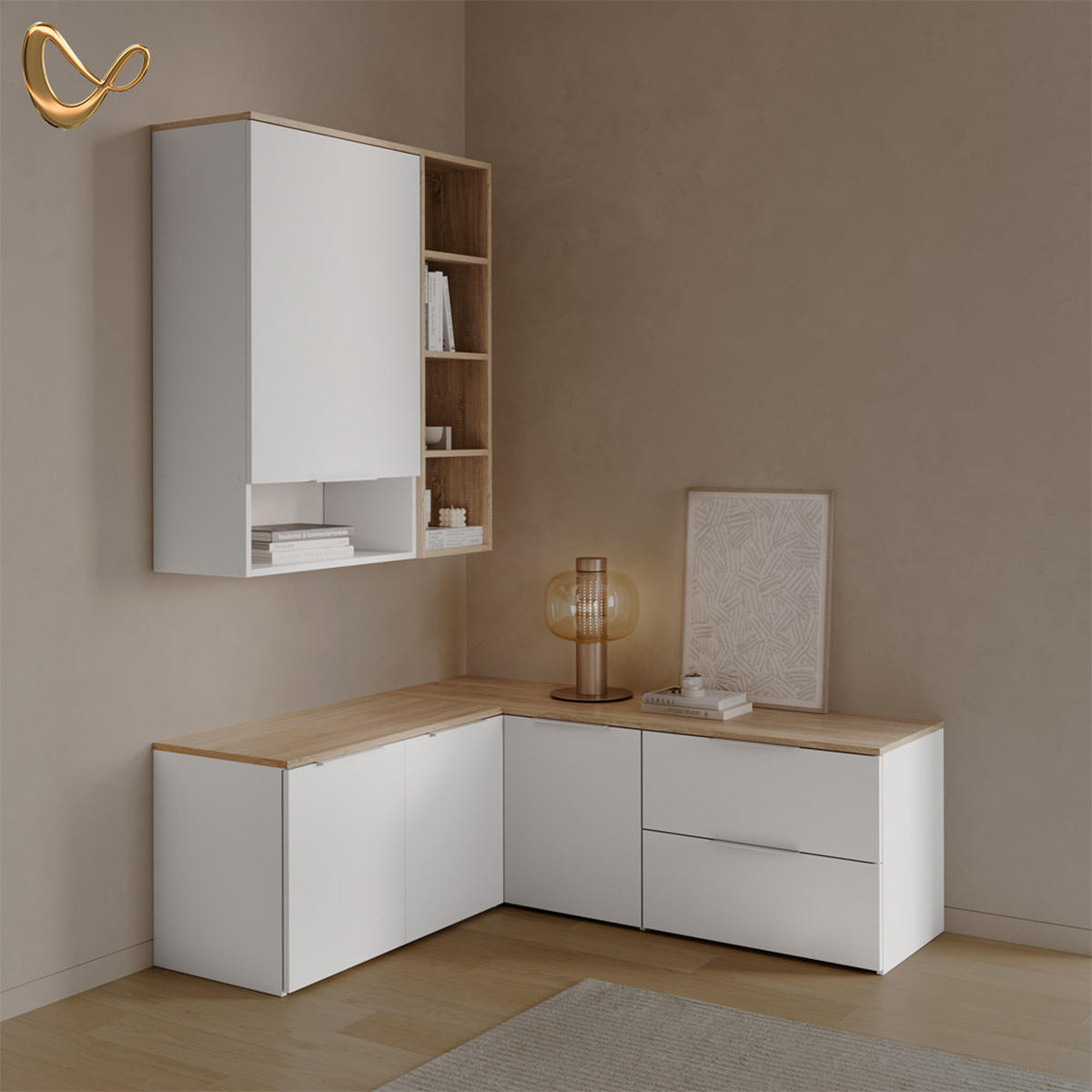 WOHNWAND Piave Weiß/Sonoma 5 Teile - Weiß/Sonoma Eiche, Holzwerkstoff (80/50/40cm) - Livinity®