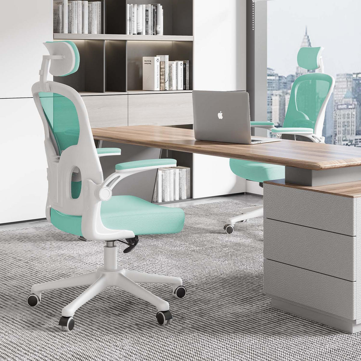 BÜROSTUHL ergonomisch, höhenverstellbar, klappbare Armlehnen, Kopfstütze – Grün - Grün, Metall (50.5/134/52cm) - Rattantree