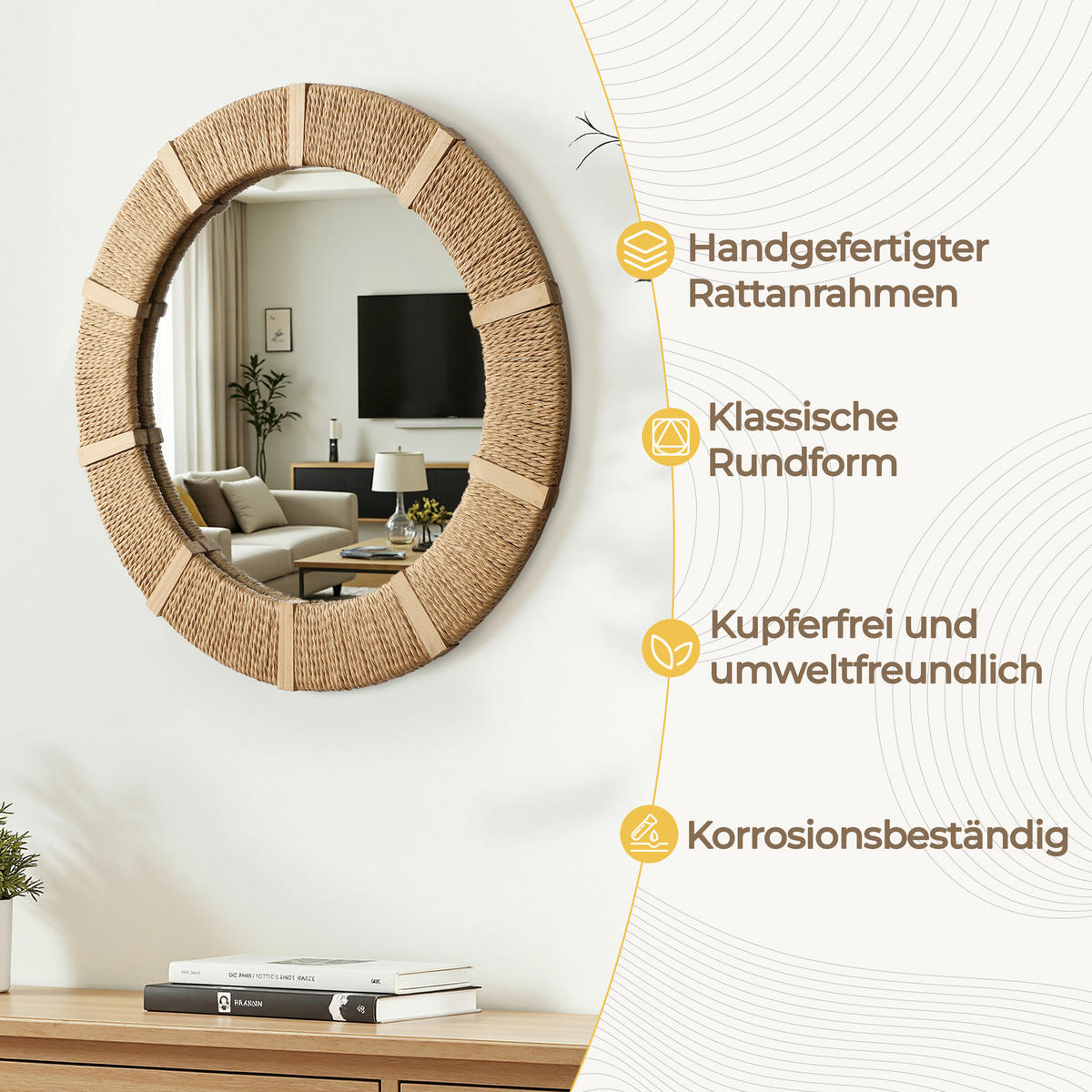 53CM Runder Wandspiegel mit Rahmen aus Tannenholz und Papierkordel Geeignet für Badezimmer, Wohnzimmer, Schlafzimmer usw. - Hellbraun/Beige, Glas/Holz (53/3/53cm) - Hometopia