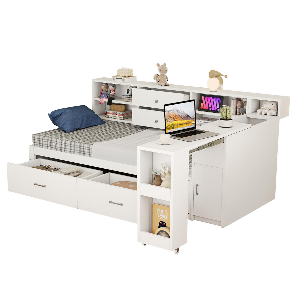 BETT 90/200 cm Weiß aus Holz mit Stauraum, Schreibtisch und USB-Anschlüssen - Weiß, Holz (90/200cm) - Flora Grace