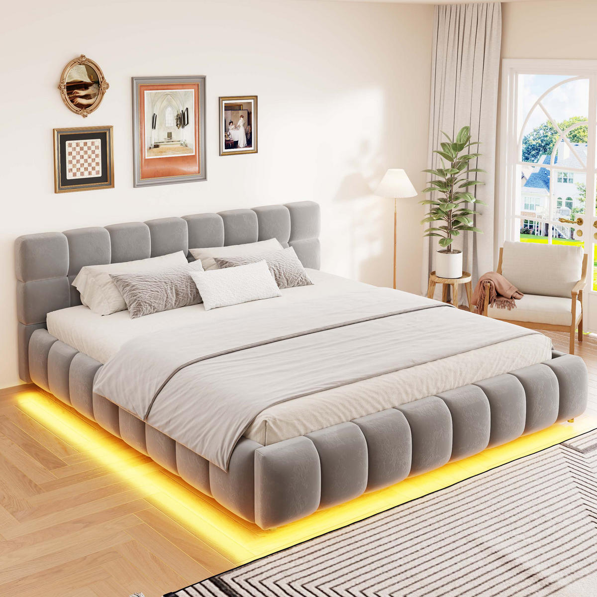 POLSTERBETT 160 x 200 cm mit LED und Stauraum, Grau - Grau, Textil (160/200cm) - FLIEKS