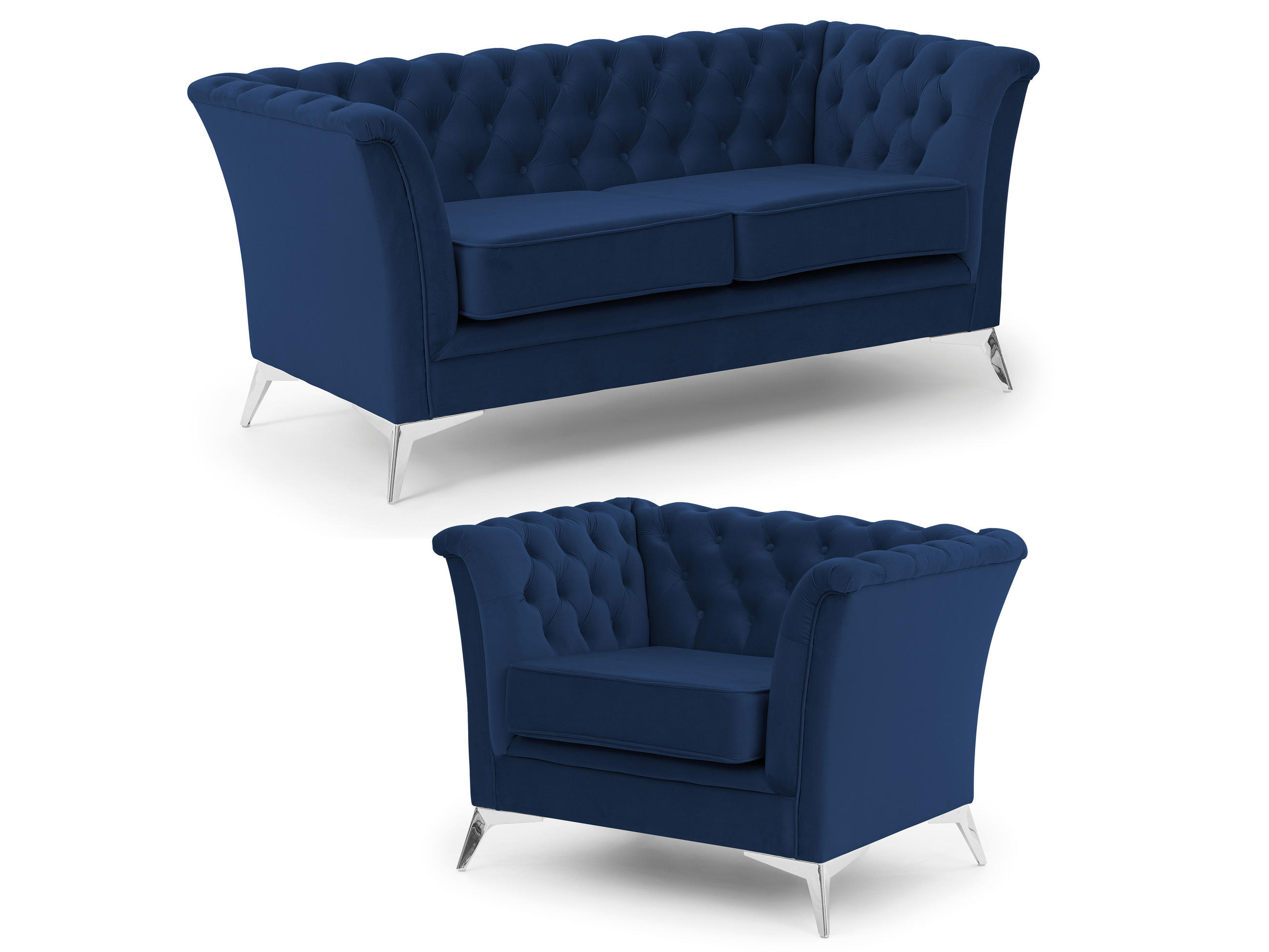 SITZGARNITUR 2+1 Chesterfield Whitby Marineblau Samt mit silbernen Füßen - Blau/Silberfarben, Holz/Textil (175/78/82cm) - S-Style Möbel
