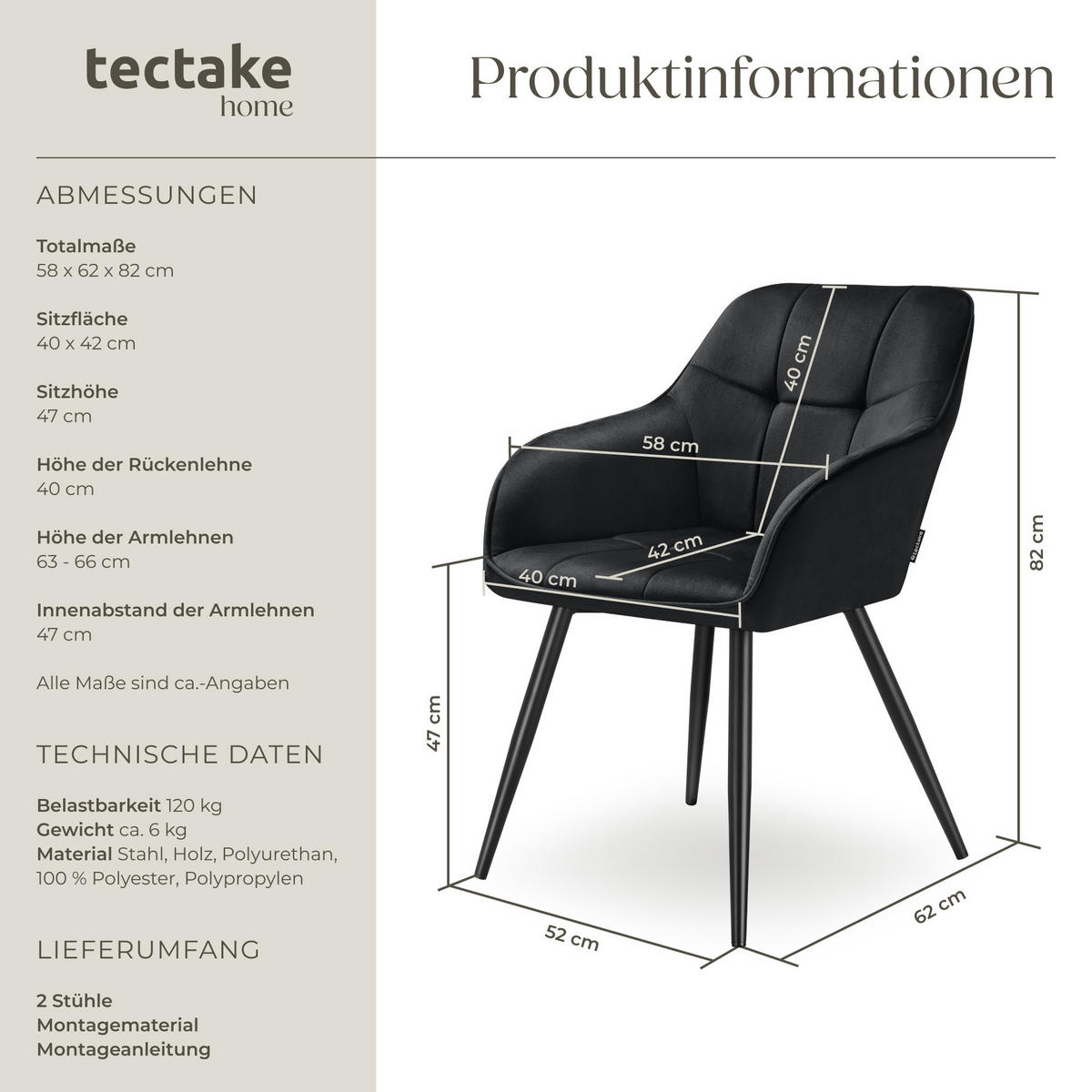ESSZIMMERSTUHL 2er Set Marilyn 58 x 62 x 82 cm schwarz/schwarz - Schwarz, Kunststoff (58/82/62cm) - tectake