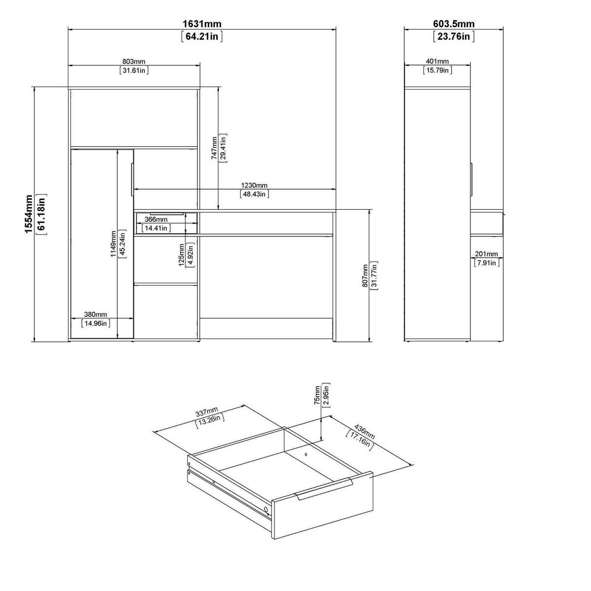 SCHREIBTISCH Eiche, Weiß 60.35/162.8/155.4 cm - Weiß, Holzwerkstoff (60.35/162.8/155.4cm) - DMORA