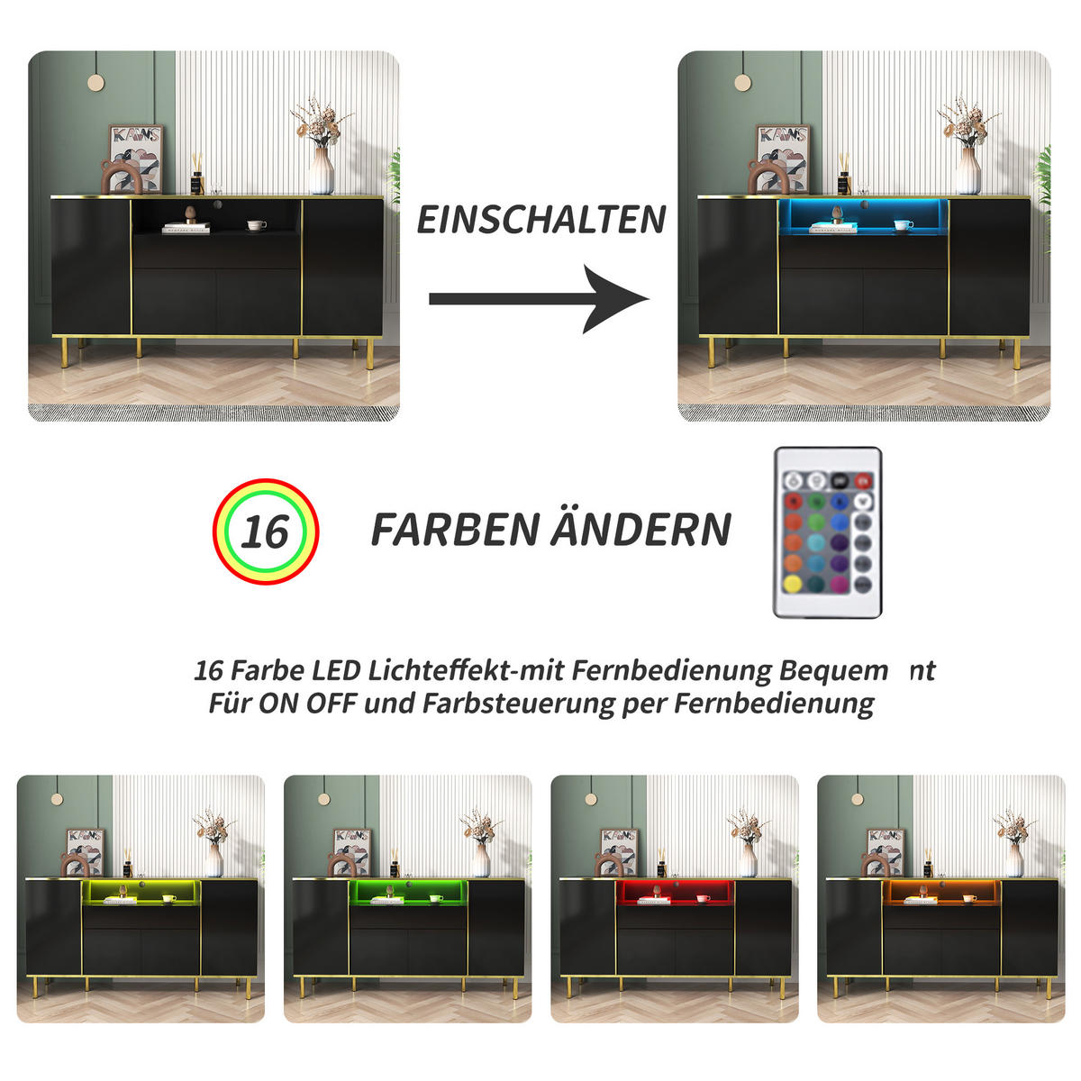 SIDEBOARD mit LED-Beleuchtung und goldenen Akzenten - Weiß, Holzwerkstoff (150/80/40cm) - Urban Meuble