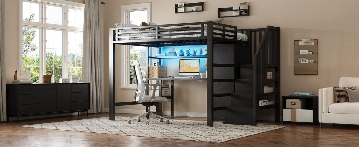 HOCHBETT 140x200 cm aus Metall & MDF mit Schreibtisch, Kleiderschrank und LED, schwarz - Schwarz, Holzwerkstoff (140/200cm)