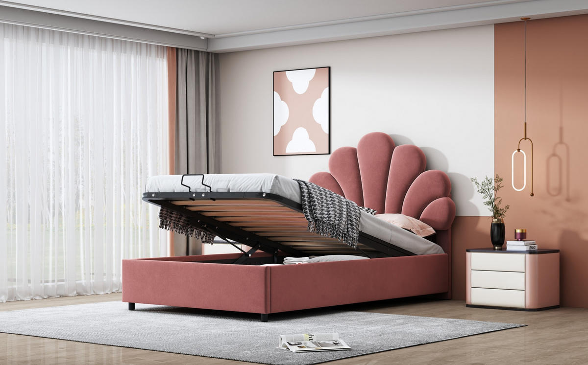 POLSTERBETT 90/200 cm Rosa aus Samt mit Stauraum - Pink, Textil (90/200cm) - OKMYHOME