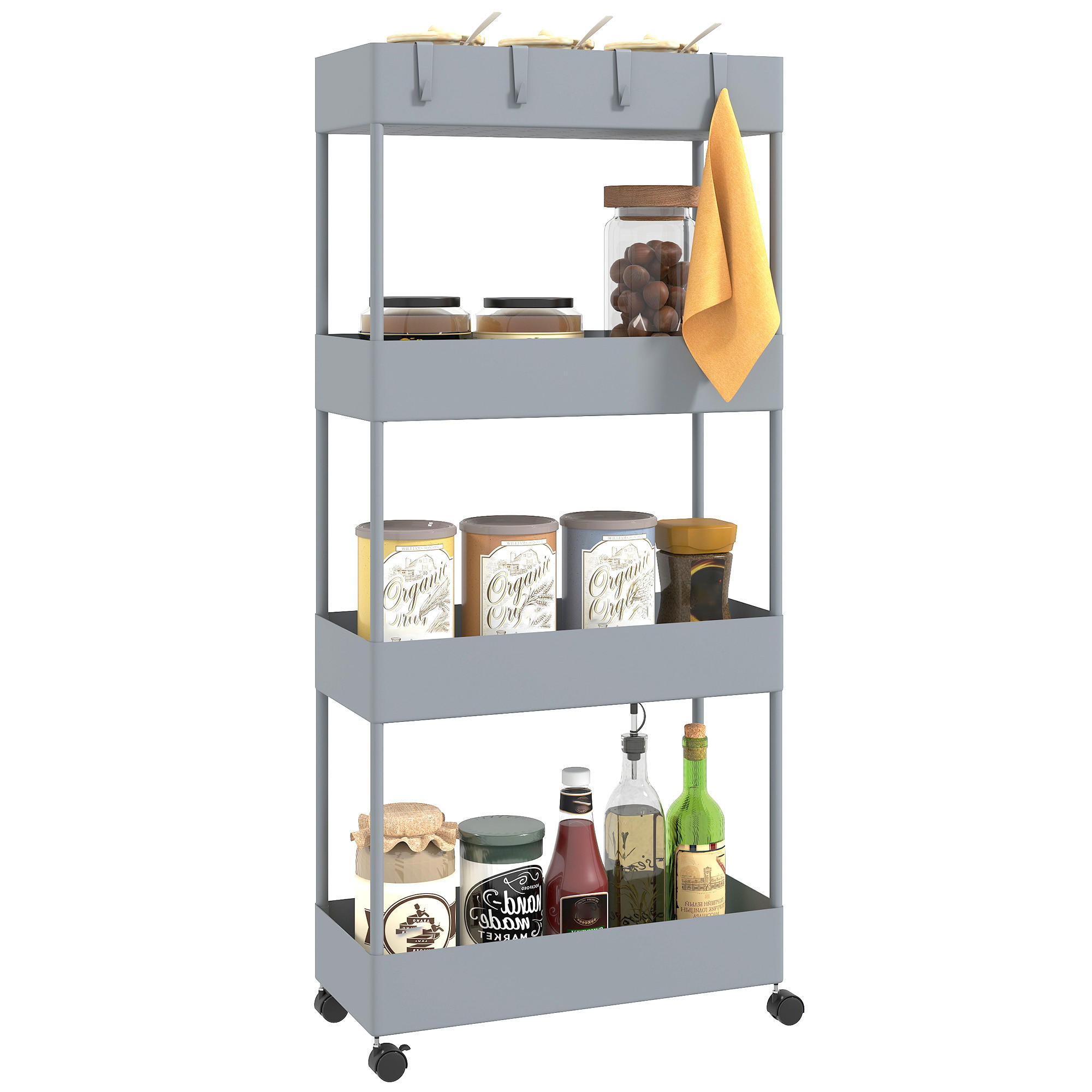 ROLLWAGEN mit 4 Ebenen, Kunststoff, Grau, 40 x 19 x 90 cm - Grau, Metall (40/90/19cm) - HOMCOM