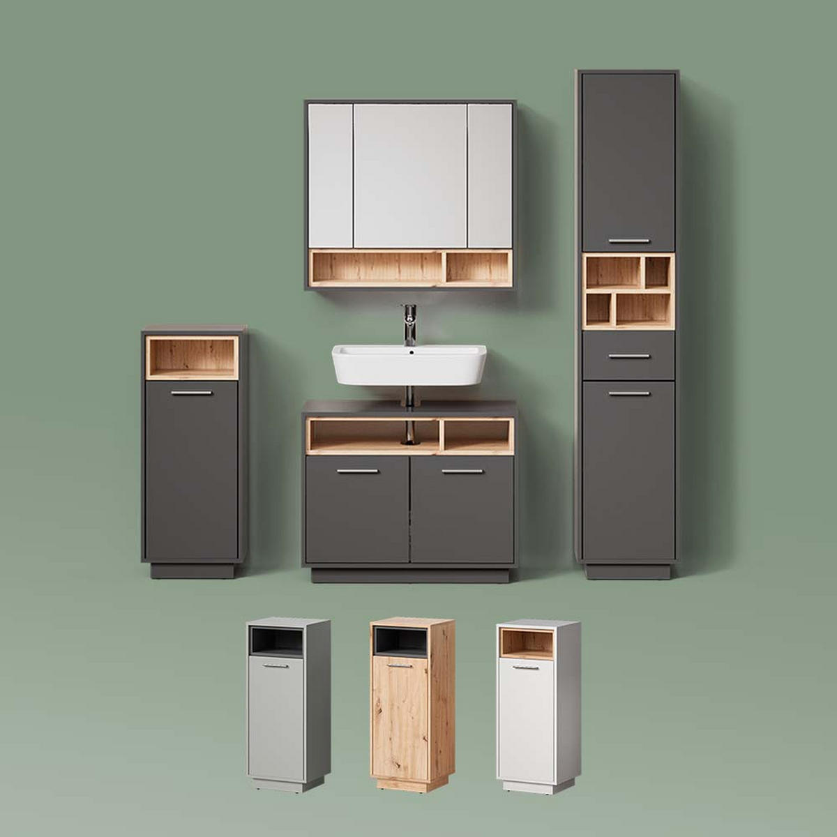BADMÖBEL-SET Temo Grau 3 Teile, mit Hochschrank - Anthrazit/Grau, Holzwerkstoff (80/64/40cm) - Livinity®