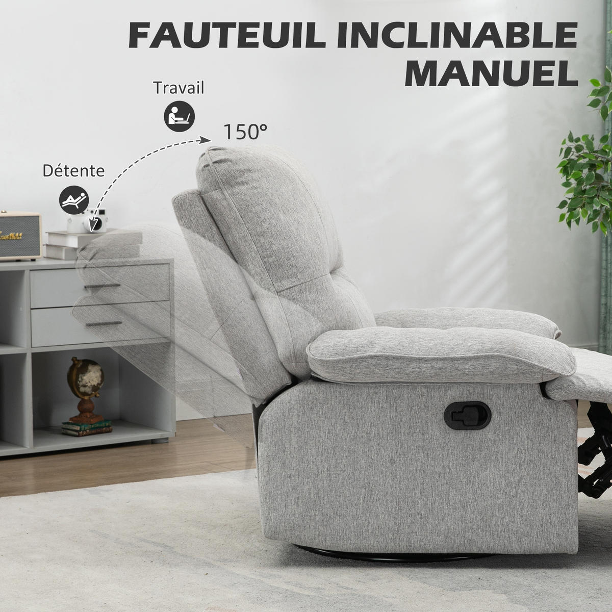 RELAXSESSEL DE-15367 150° manuell neigbar mit Fußstütze Hellgrau - Grau, Textil (98/101/89cm) - ComfortXL