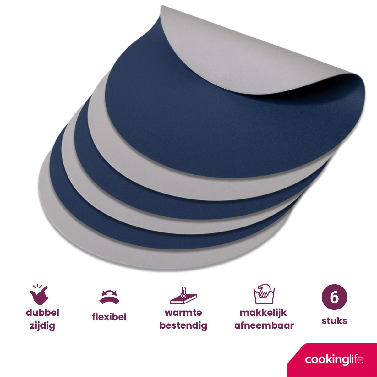 COOKINGLIFE Tischsets - Doppelseitig - Veganes Leder - Grau / Blau ø 38 cm - 6 Stück - Blau, Kunststoff (38cm) - Cookinglife