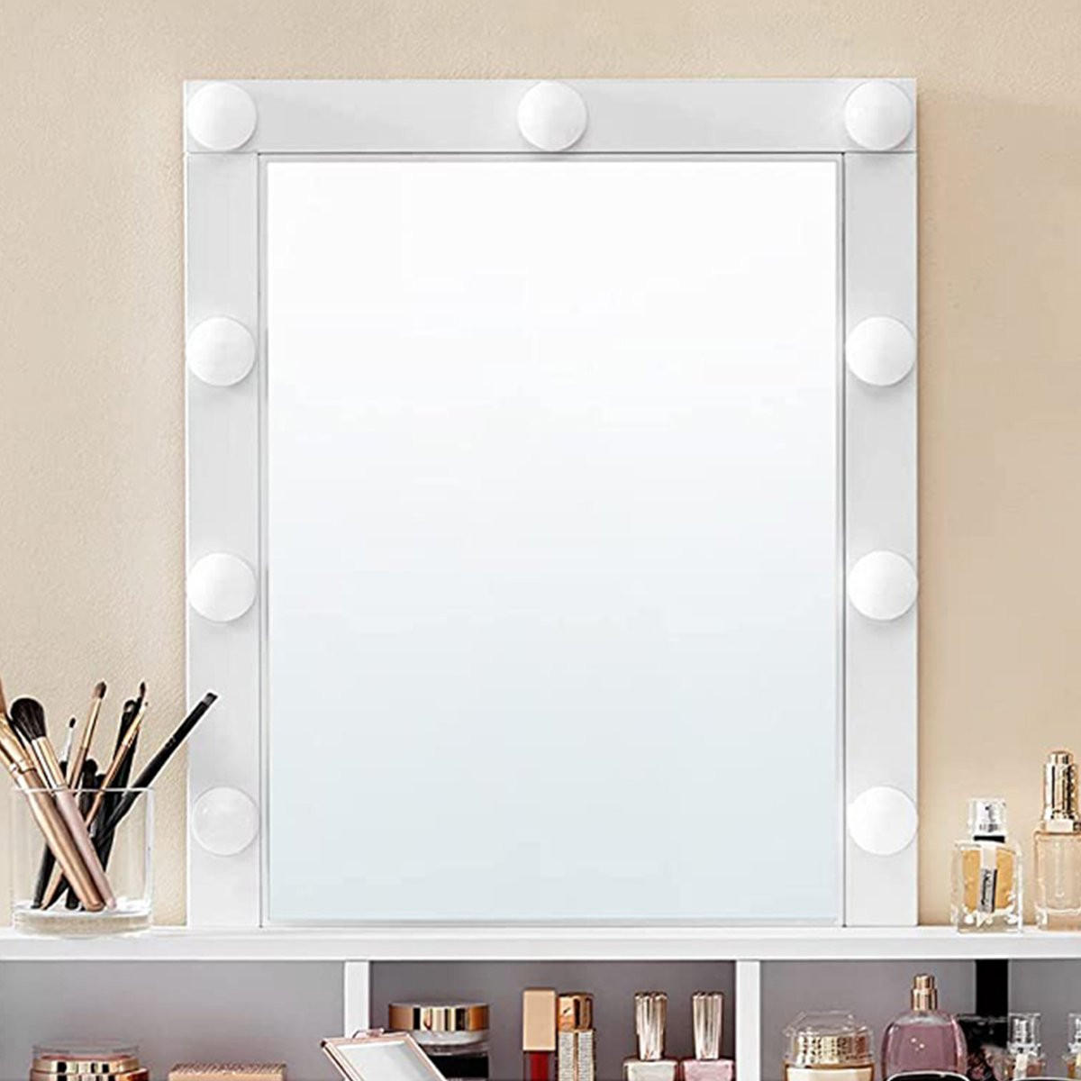 SCHMINKTISCH mit Glühbirnenspiegel und 2 Schubladen - L80 cm - Weiß, Glas (40/145/80cm) - Calicosy