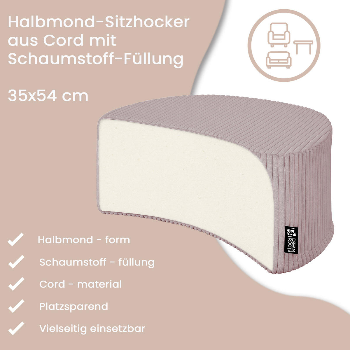 SITZSACK Halbmond 54/36/35 cm, weicher Cord 420 g/m², Rosa - Pink, Textil (36/35/54cm) - Dreamroots