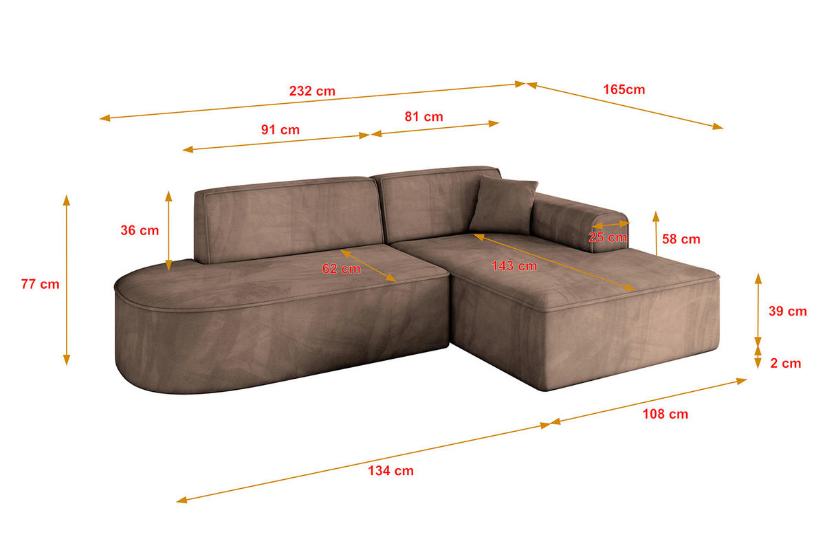 ECKSOFA Ottomane Rechts IREA-L1-v3 - 232x165x77 cm Braun - Braun, Holzwerkstoff/Textil (232/165cm) - ALTDECOR