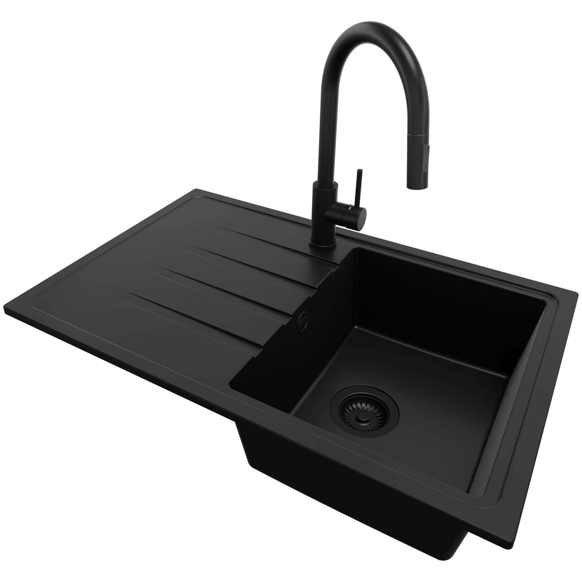 GRANITSPÜLE Mailand, 2-er set Alles Schwarz 78/50 cm 1 Becken + Küchenarmatur 40/20 cm + Ablauf-Set ab 45er Unterschrank - Schwarz, Kunststoff (78/19/50cm) - Primagran