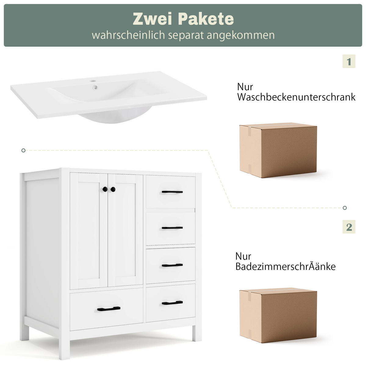 WASCHTISCHKOMBI 76/46/82 cm Weiß mit 4 Schubladen, ohne Wasserhahn - Schwarz/Weiß, Holz/Holzwerkstoff (46/82/76cm) - Oxeza