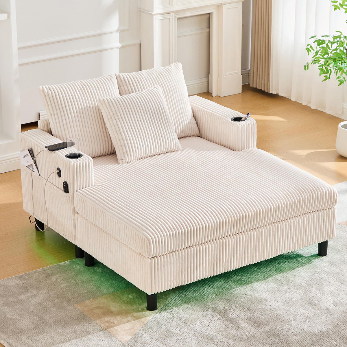 LIEGESTUHL mit LED-Stimmungsbeleuchtung，Cordstoff- Beige - Beige, Textil (142/85/128cm) - KOMHTOM