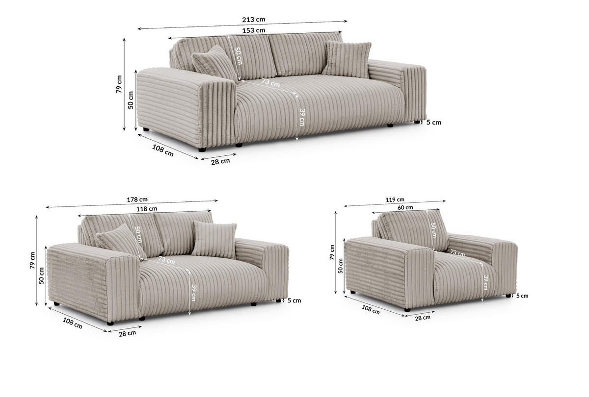 SEDACIA ZOSTAVA 3+2+1 Mollis vo svetlosivej farbe z plyšového kordurového - čierna/svetlosivá, drevo/textil (213/79/108cm) - S-Style Möbel