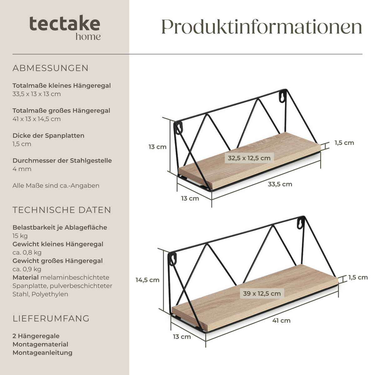 WANDREGAL 2er Set Rockport,Tiefe 13 cm,Industrial Holz hell, Eiche Sonoma - Naturfarben, Holzwerkstoff (13/14.5/41cm) - tectake