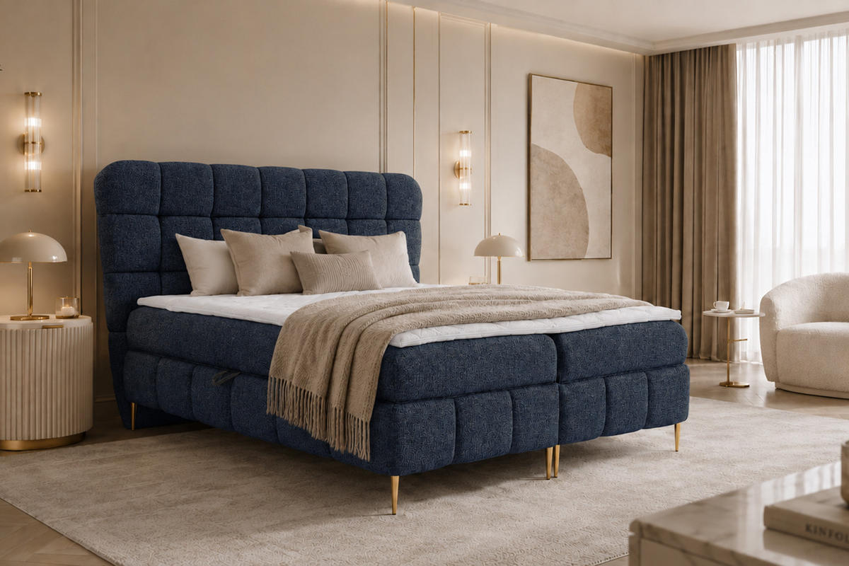 BOXBETT Mit Zwei Bettkasten, Stoff Corbett, Marineblau, 180x200 cm, LOLLY - Dunkelblau, Holz (180/200cm) - Kaiser Möbel