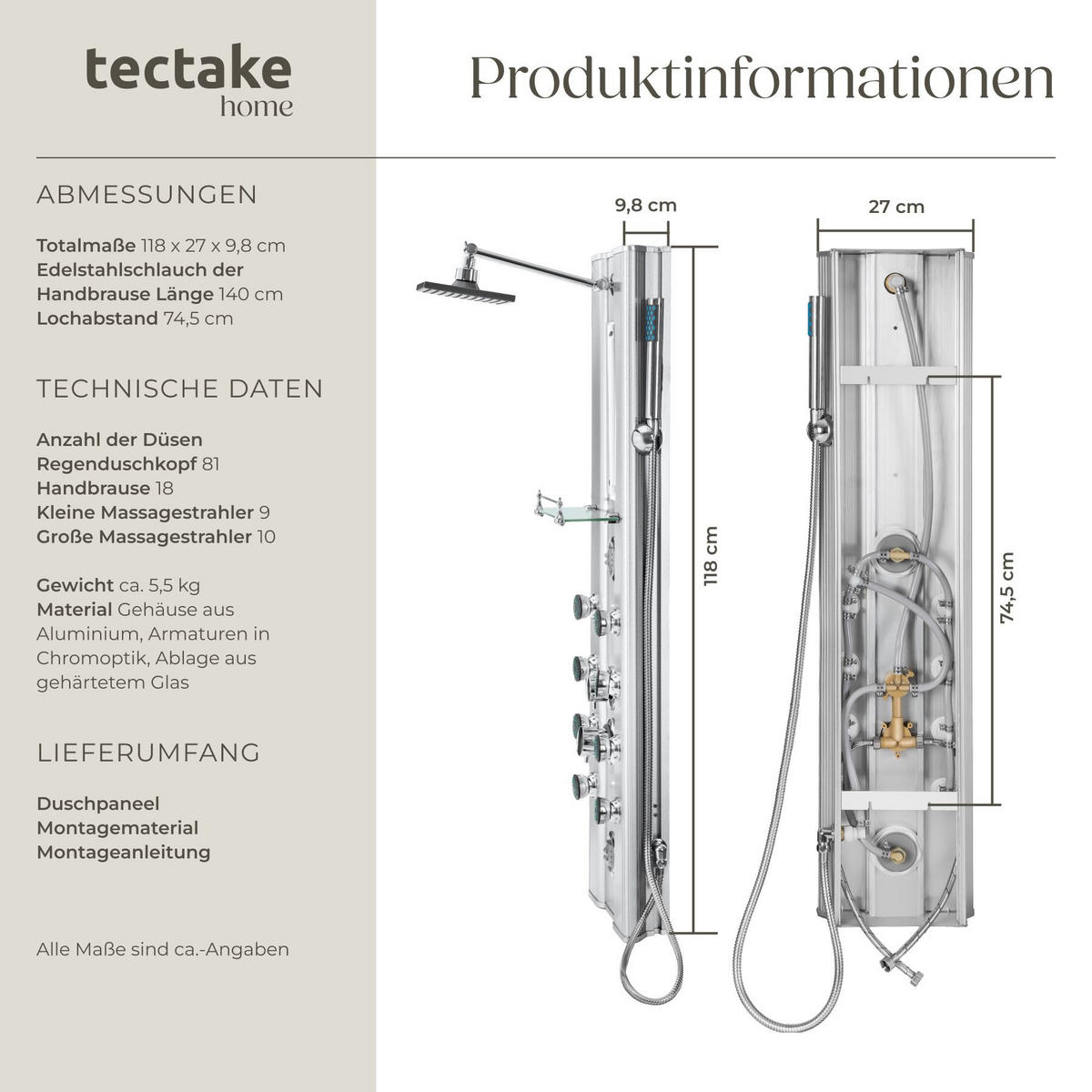 ALUMINIUM DUSCHPANEEL , Antikalktechnik, silber - Silberfarben, Metall (9.8/118/27cm) - tectake