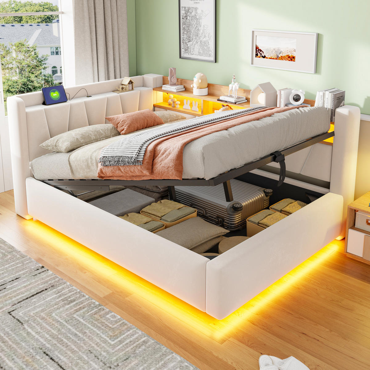 BOXBETT 140/200 mit LED/Regal/USB/Bettkasten, Samt, Beige - Beige, Holz (140/200cm) - LVHOM