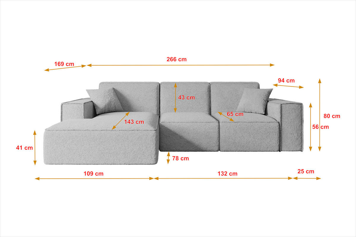 ECKSOFA Ottomane Links SERRA-L - 266x169x80 cm Rosa Cord - Schwarz/Rosa, Holzwerkstoff/Kunststoff (165/266cm) - ALTDECOR