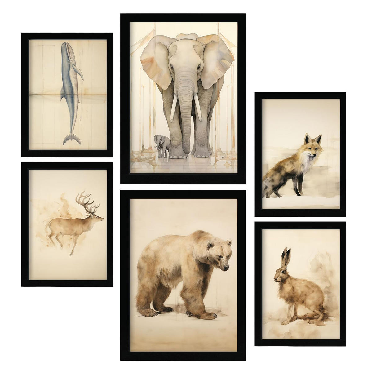 POSTER Set Mit 6 Tiere Vintage A3 & A4 Schwarzer Rahmen - Schwarz, Papier (29/3cm) - Nacnic