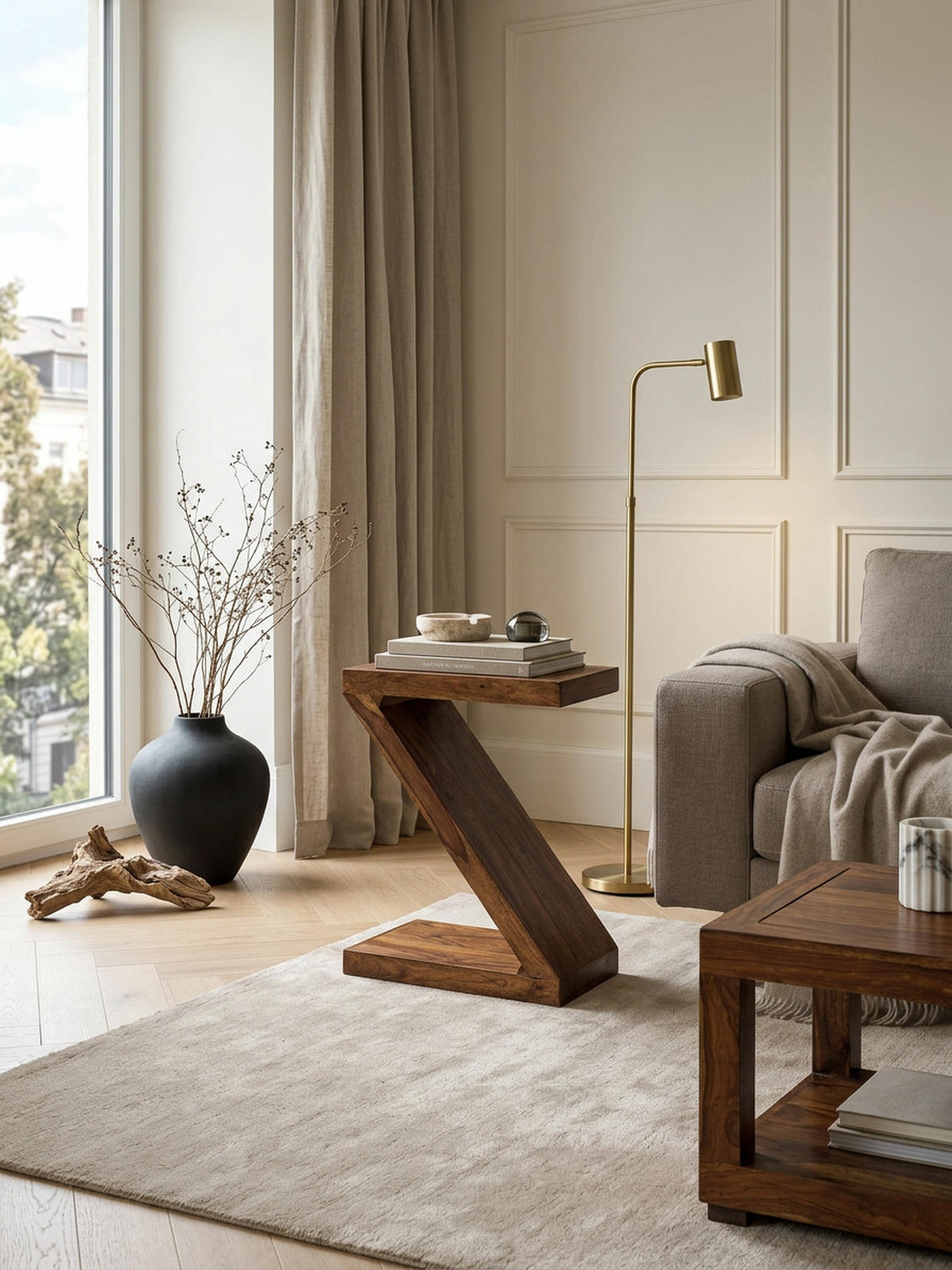 BEISTELLTISCH Massivholz Z-Form Handgefertigt, Braun 44x30x59 cm - Braun, Holz (30/44/59cm) - KADIMA DESIGN