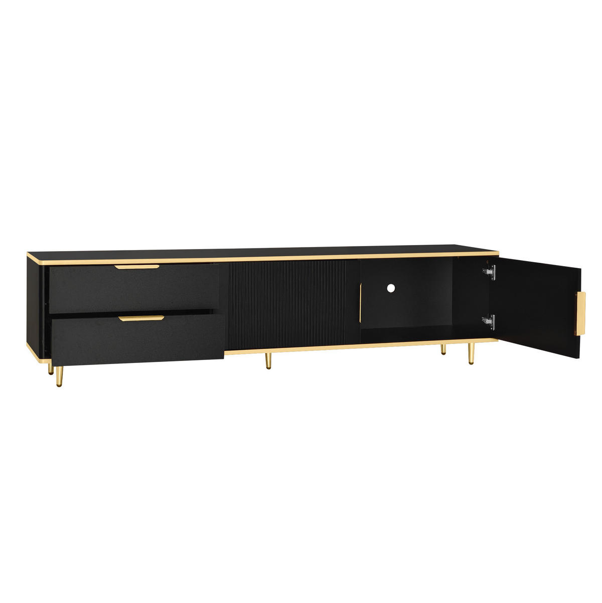 TV-LOWBOARD aus MDF und Spanplatte 170x45x37 cm Schwarz-Gold mit 2 Schubladen und 2 Türen, geschnitzte Front - Schwarz, Holzwerkstoff (175/45/40cm) - Modfu
