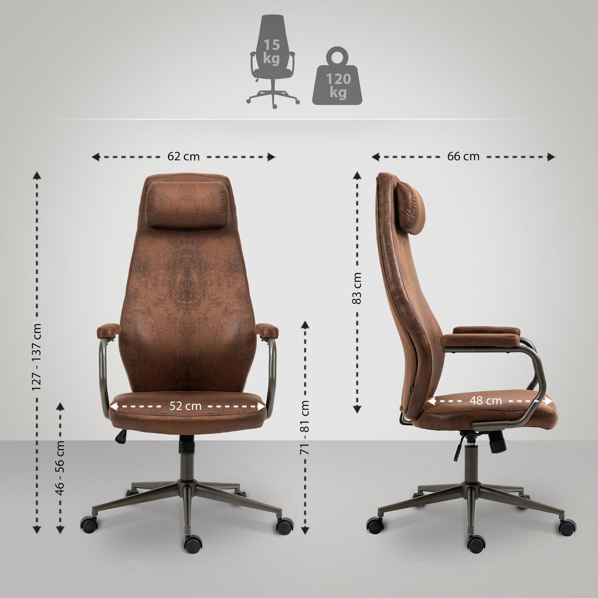 BÜROSTUHL Zephyr cognac - Cognac/Schwarz, Metall (62/137/66cm) - TPFLiving