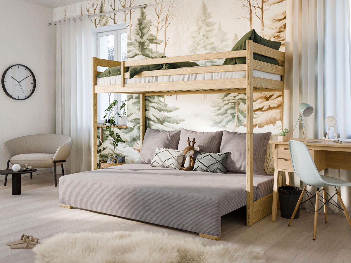 HOCHBETT mit Schlafsofa 200x140 cm in natur und graufarben - Naturfarben/Grau, Holz (140/200cm) - Kids Collective