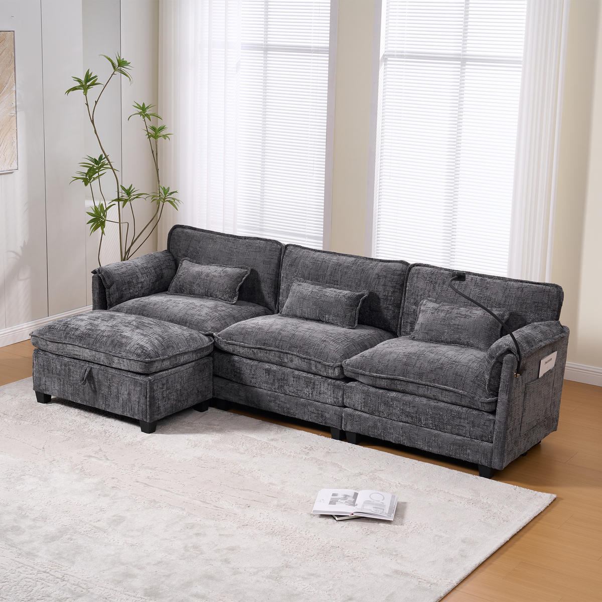 ECKSOFA mit USB-Anschluss und Seitentasche Chenille Grau 279/83/85 cm - Grau, Textil (279/83cm) - OKWISH