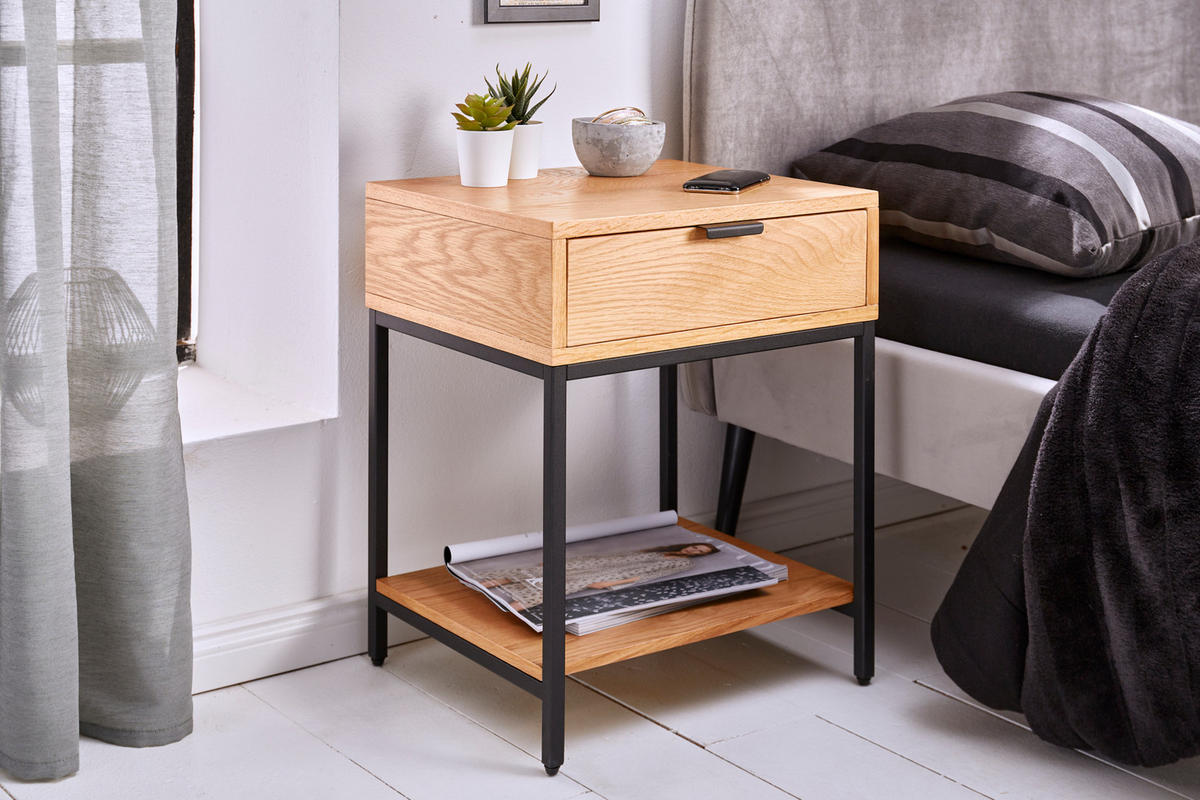 NACHTTISCH ELEMENTS Eiche Natur 50 cm - Schwarz/Naturfarben, Holz/Metall (40/50/35cm) - riess-ambiente