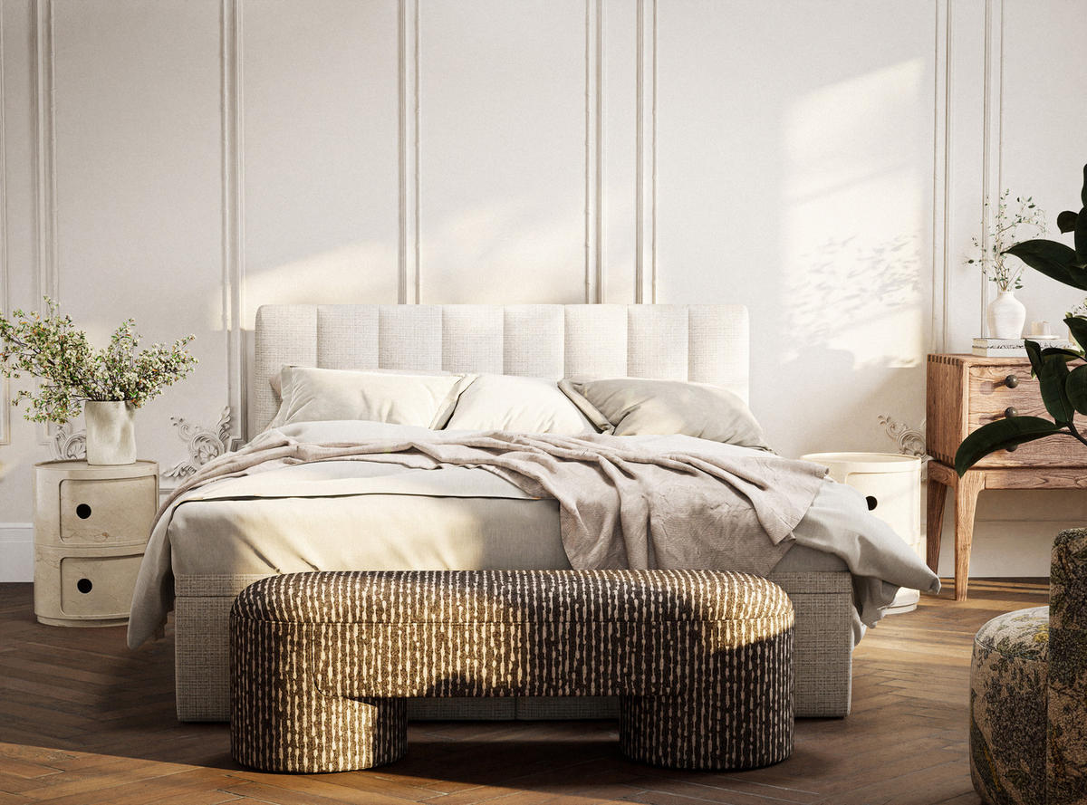 BOXBETT 180/200 cm Lovage S, in Beige, Matratze, gepolstertes Kopfteil, Bettkasten, H3 = fest - Beige/Schwarz, Holz/Holzwerkstoff (180/200cm) - Maison de Reve