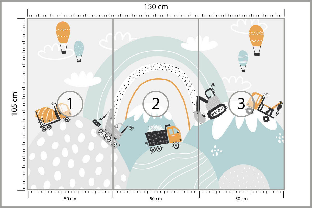 FOTOTAPETE für Kinderzimmer Baumaschinen Regenbogen Hügel Wolken 150x105 - Blau/Schwarz, Papier (150/105cm) - Muralo