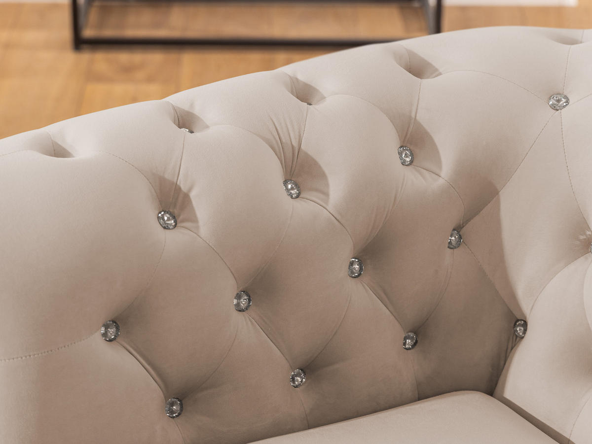 SITZGARNITUR 3+2 Chesterfield Cleo Blink Beige Samt mit Kristallsteppung und braunen Massivholzfüßen - Beige/Braun, Holz/Textil (203/72/86cm) - S-Style Möbel