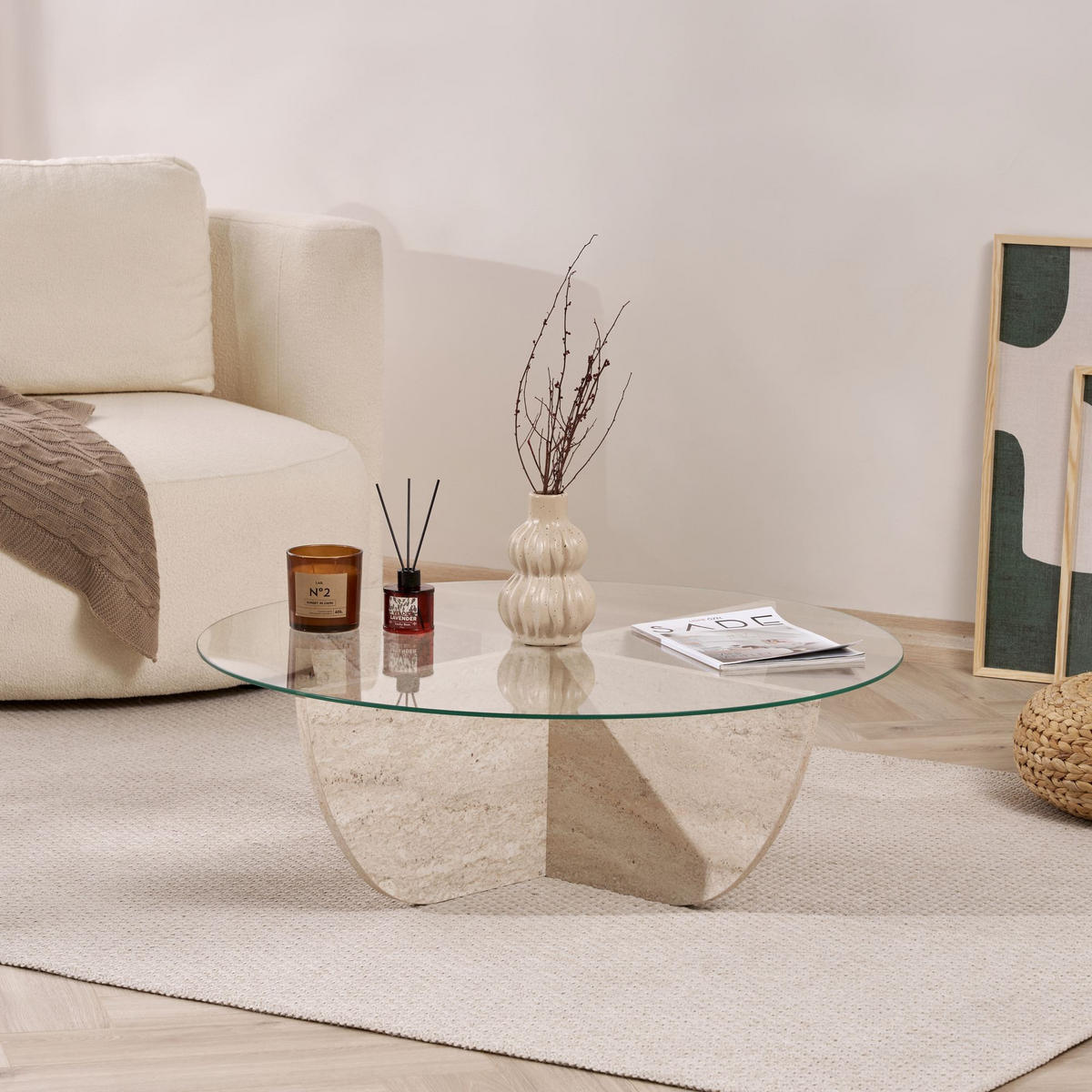 COUCHTISCH Liya Travertin - Beige, Glas (90/90/30cm) - Habitat Garten